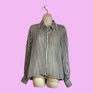 I Love HB1 Classic Button Down Striped Career Blouse in Ebony Ivory, Size S